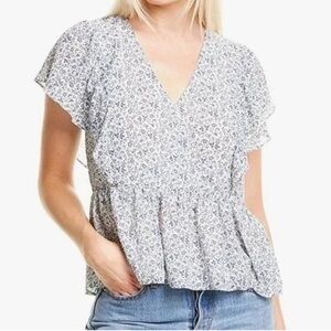 Madewell Georgette Ruffle Sleeve Peplum- Blue Floral